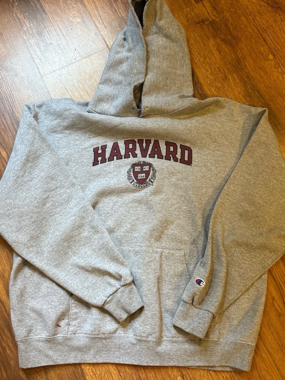 Champion Gray Harvard Crewneck Hoodie with Maroon Lettering